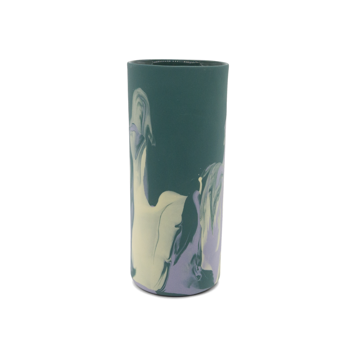 Marmorierte Porzellanvase in Dunkelgrün, Lila und Pastellgelb - handgemacht in Berlin.