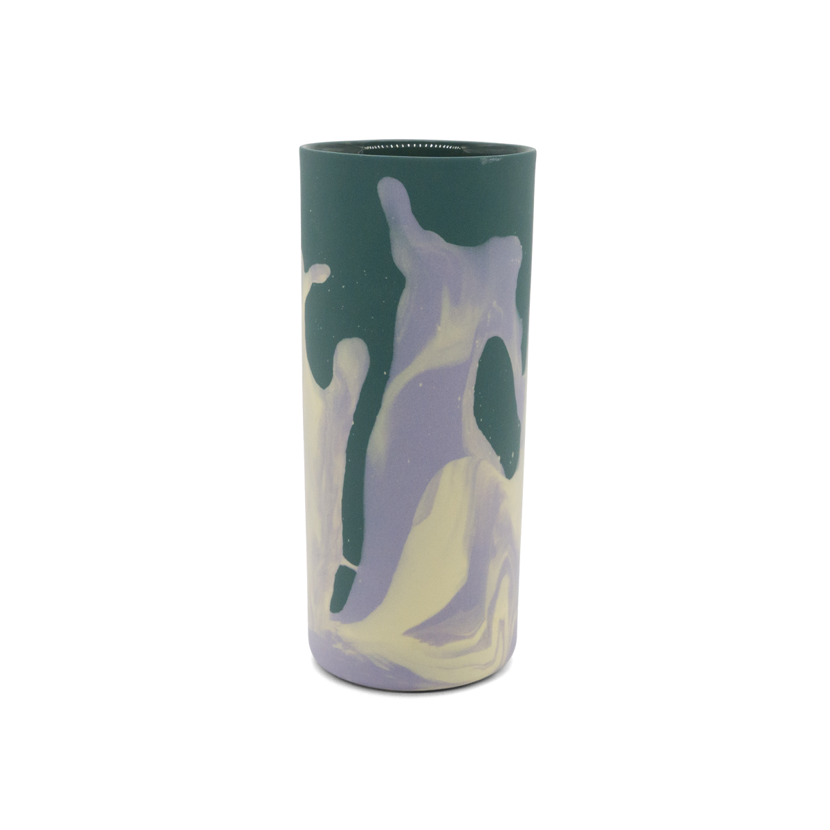Marmorierte Porzellanvase in Dunkelgrün, Lila und Pastellgelb - handgemacht in Berlin.
