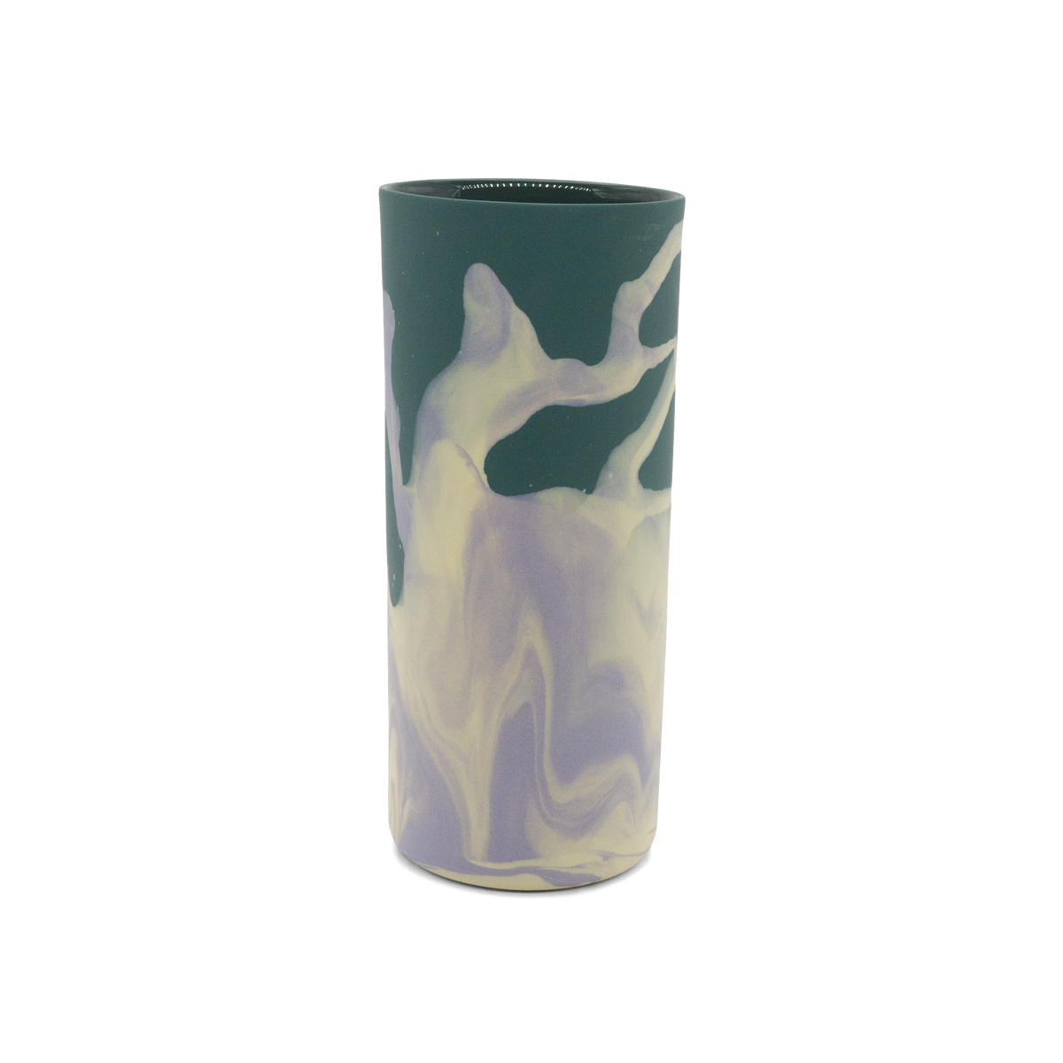Marmorierte Porzellanvase in Dunkelgrün, Lila und Pastellgelb - handgemacht in Berlin.