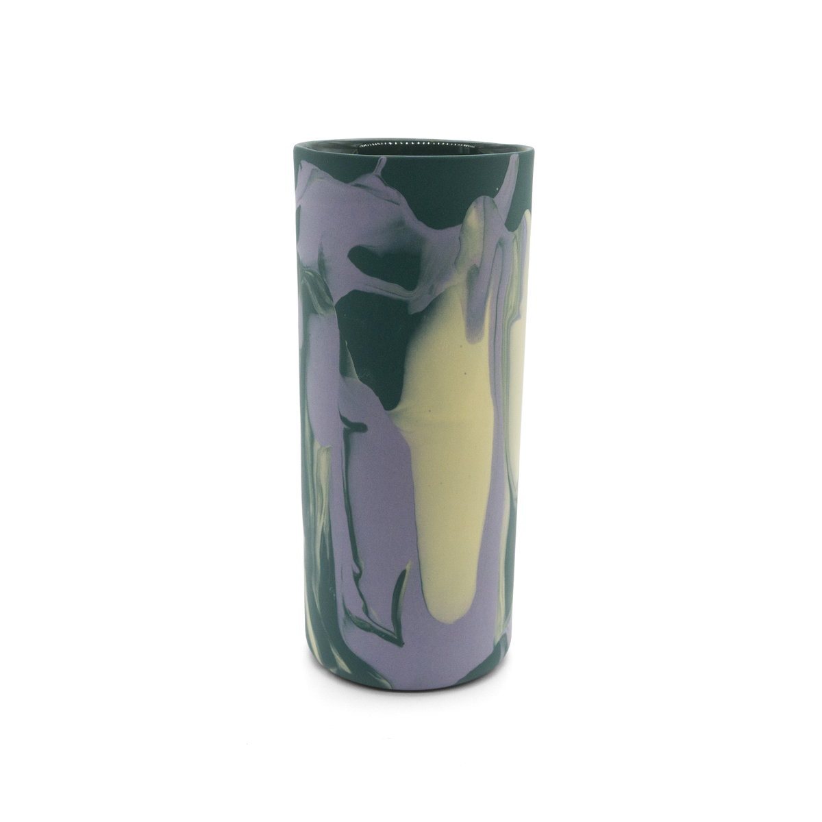 Marmorierte Porzellanvase in Dunkelgrün, Lila und Gelb - handgemacht in Berlin.