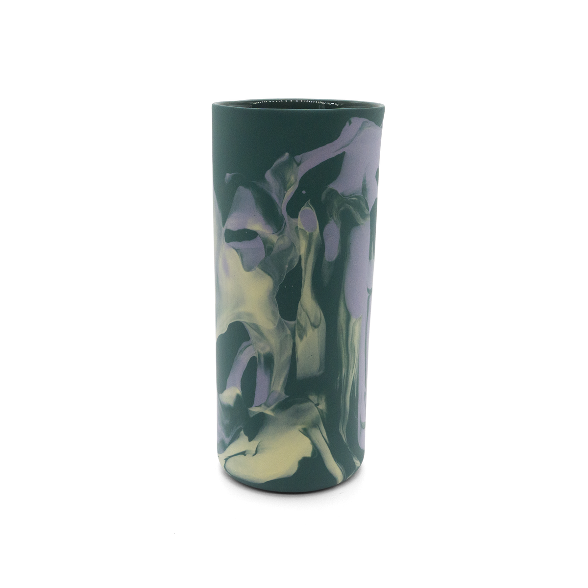 Marmorierte Porzellanvase in Dunkelgrün, Lila und Gelb - handgemacht in Berlin.