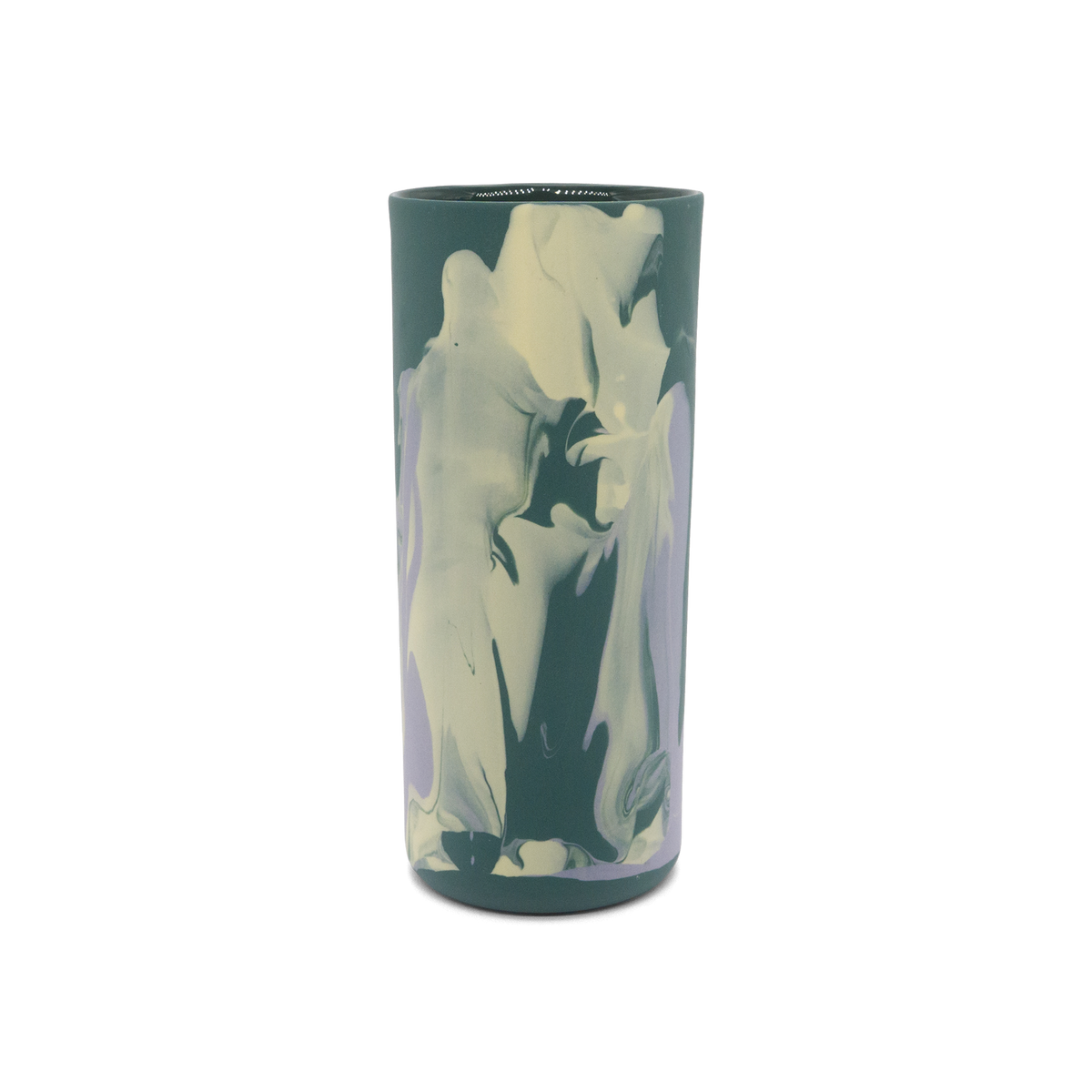 Marmorierte Porzellanvase in Dunkelgrün, Lila und Pastellgelb - handgemacht in Berlin.
