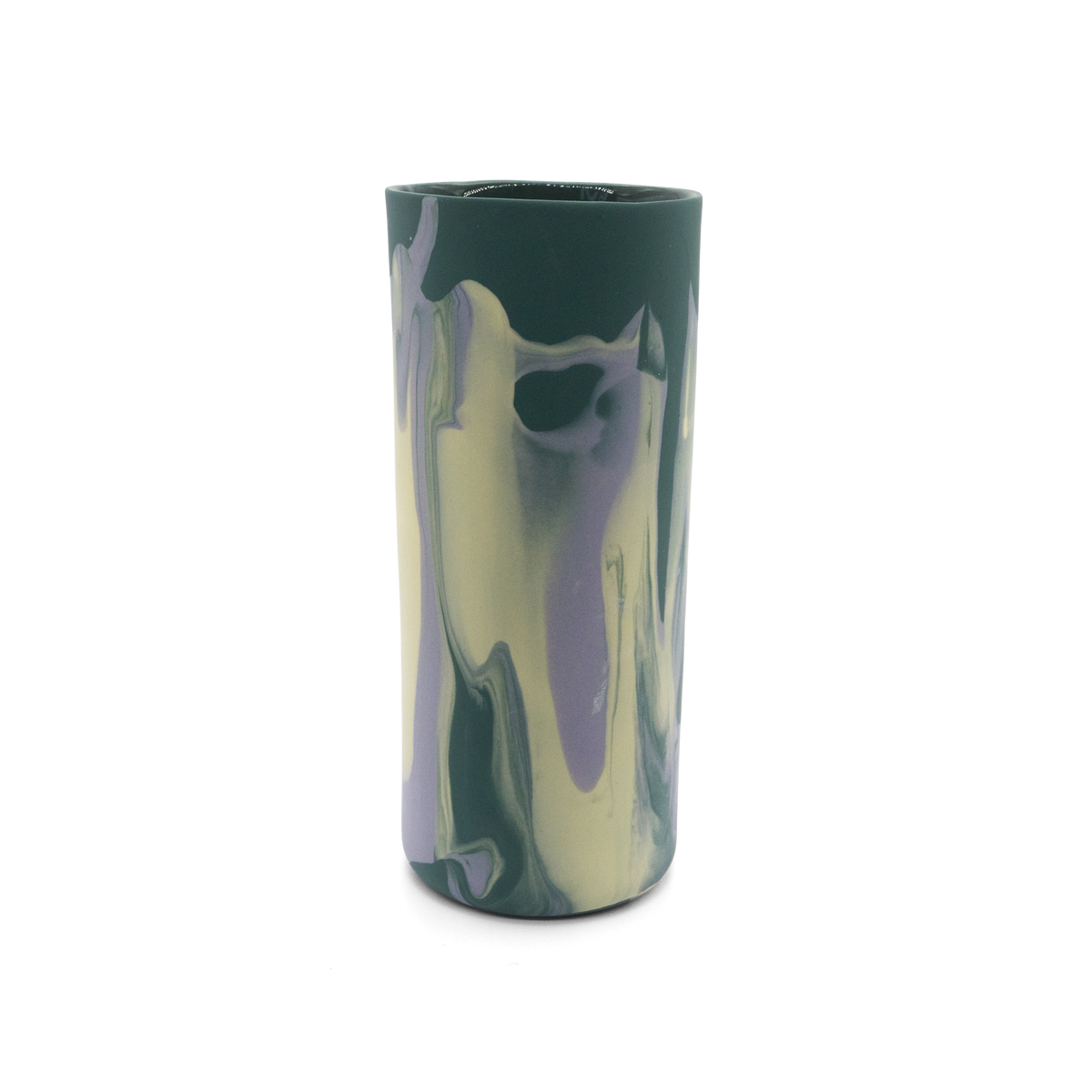 Marmorierte Porzellanvase in Dunkelgrün, Lila und Gelb - handgemacht in Berlin.